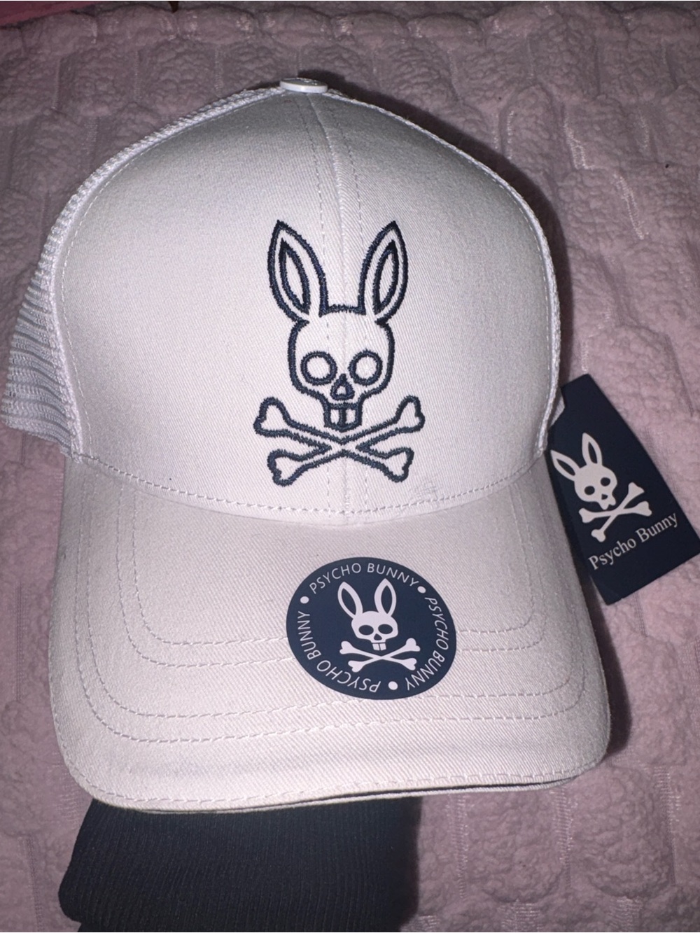 Psycho Bunny White and Black Embroidered Logo Trucker Hat